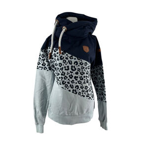 Wanakome hoodie leopard navy Soft knit fabric contrasting draw cord sz sm